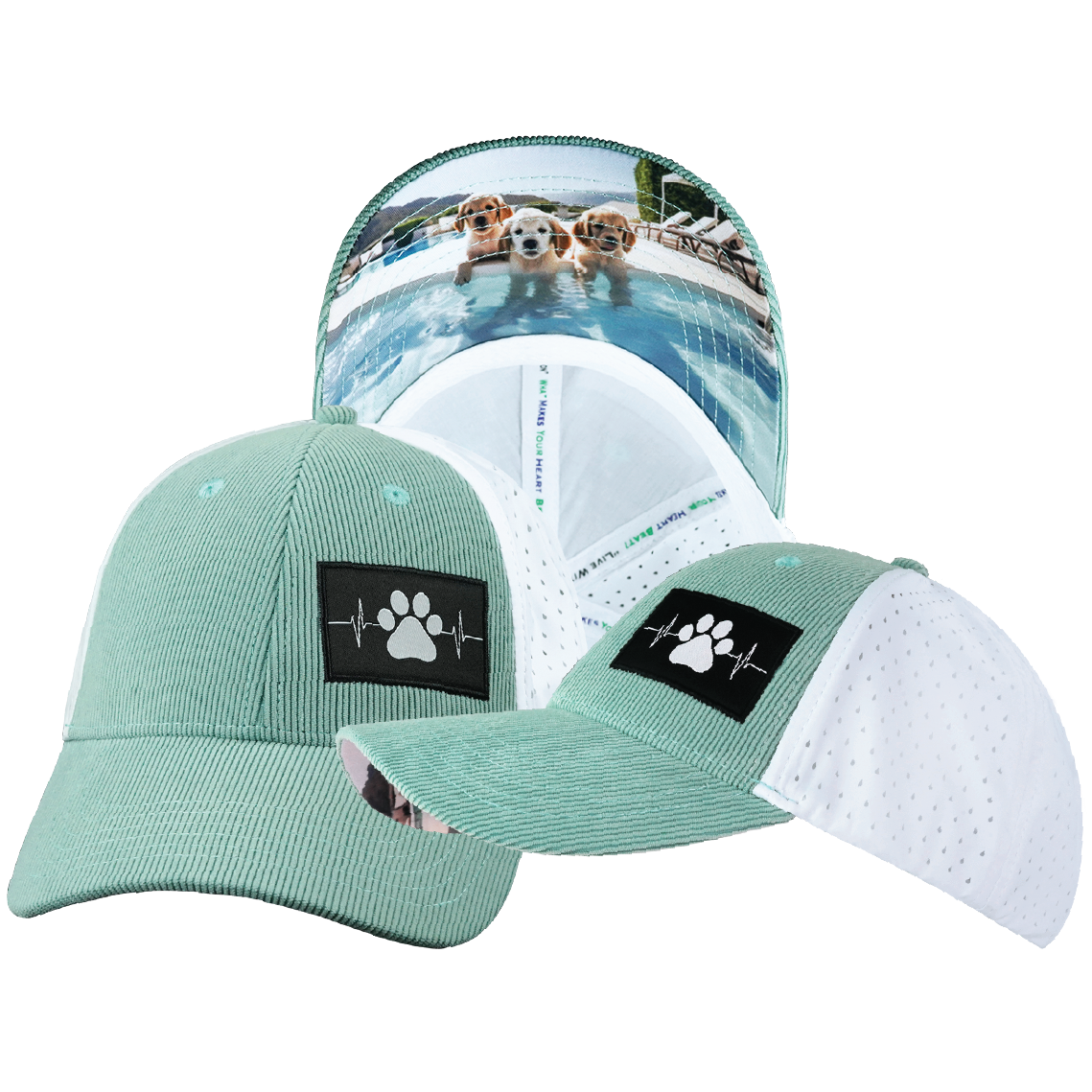 Dog - 6 Panel - Shallow Fit - Pony Tail - Corduroy - Mint / White - Laser Mesh (Unisex)