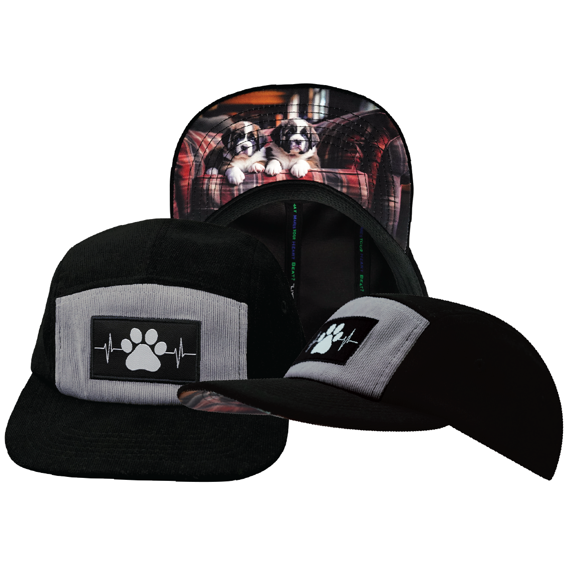 Dog - 5 Panel - Unstructured - Corduroy - Black / Gray - Fabric Back (Unisex)