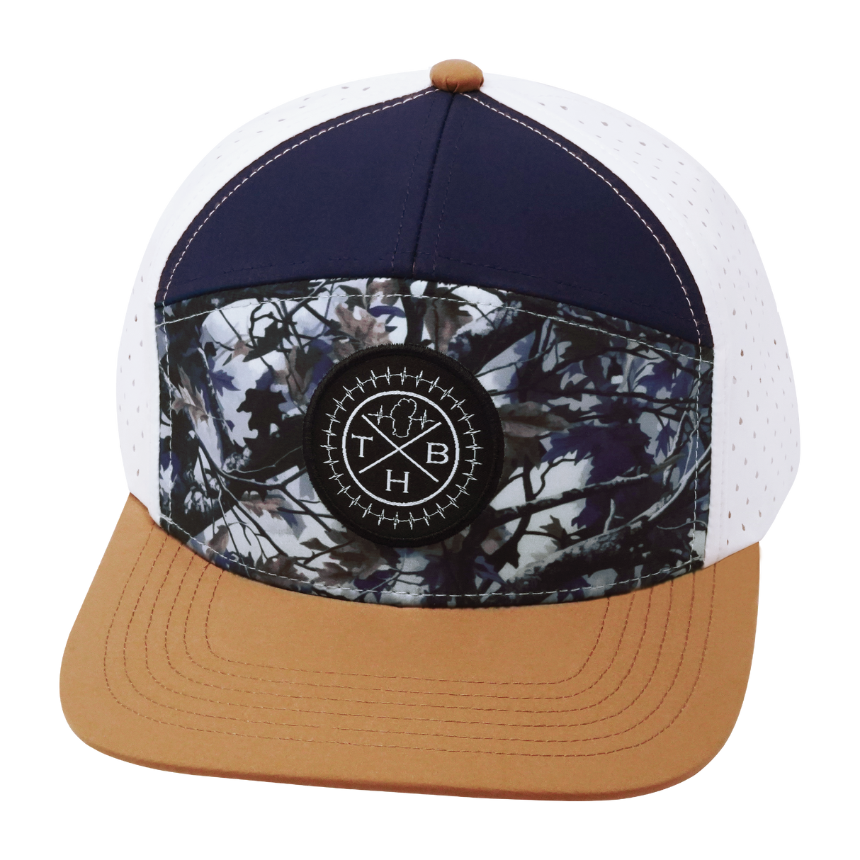 **YOUTH** THB - 7 Panel - Evening Leaves - Light Tan / Navy / White - Laser Mesh (Unisex)