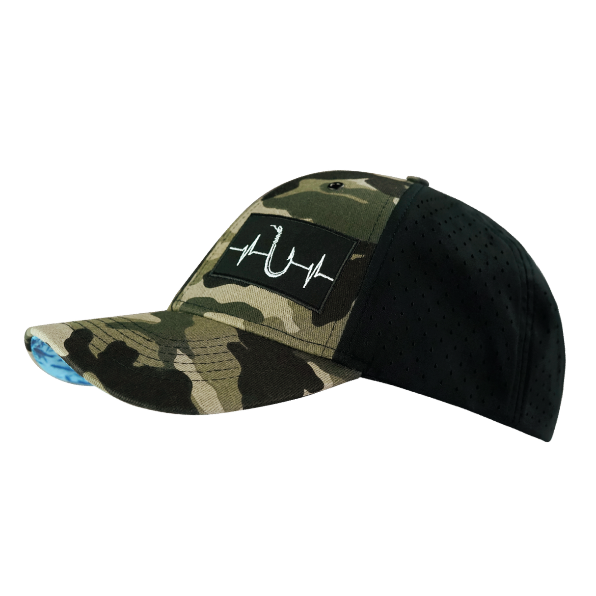 Fishing - 6 Panel - Shallow Fit - Pony Tail - Light Camo / Black - Laser Mesh (Unisex)