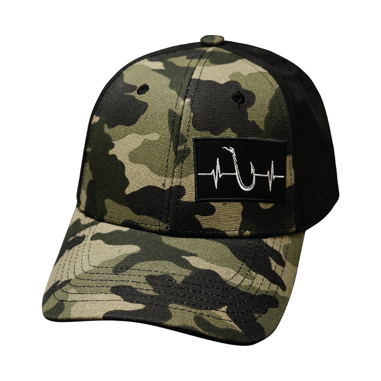 Fishing - 6 Panel - Shallow Fit - Pony Tail - Light Camo / Black - Laser Mesh (Unisex)