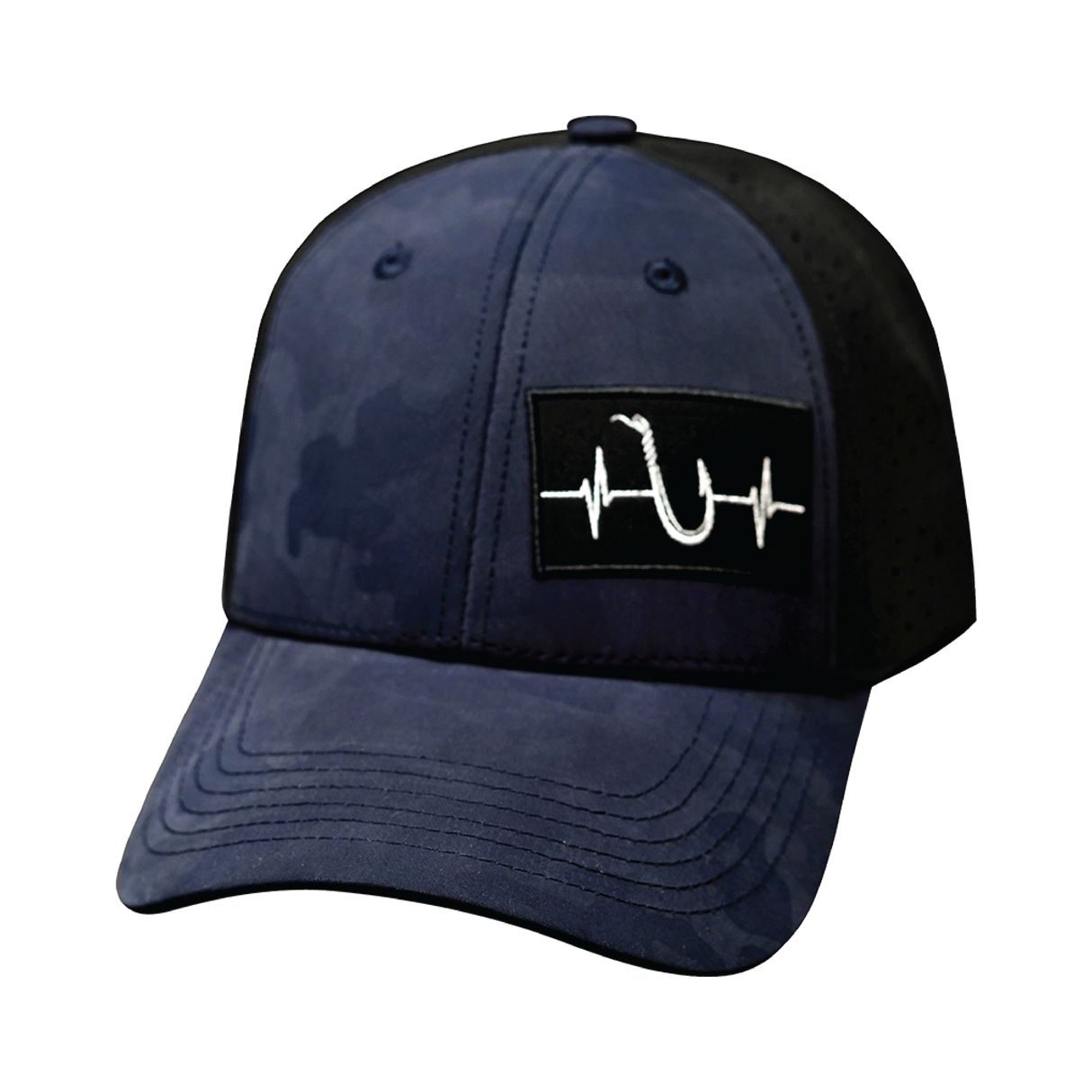 Fishing - 6 Panel - Shallow Fit - Pony Tail - Soft Navy Camo / Black - Laser Mesh (Unisex)