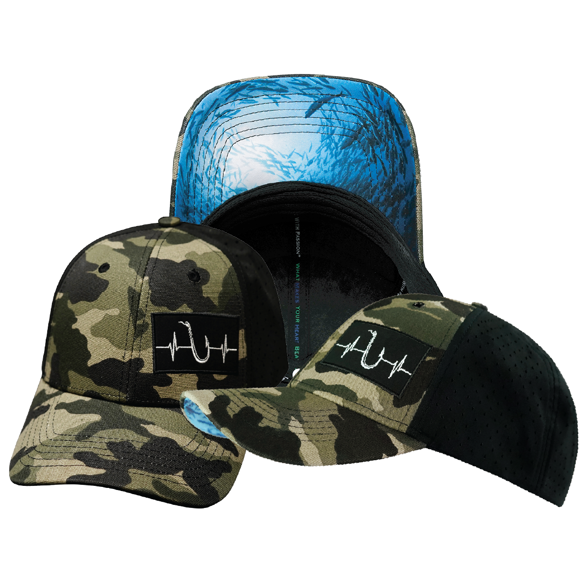 Fishing - 6 Panel - Shallow Fit - Pony Tail - Light Camo / Black - Laser Mesh (Unisex)
