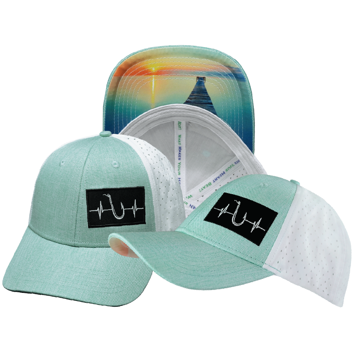 Fishing - 6 Panel - Shallow Fit - Pony Tail - Teal / White - Laser Mesh (Unisex)