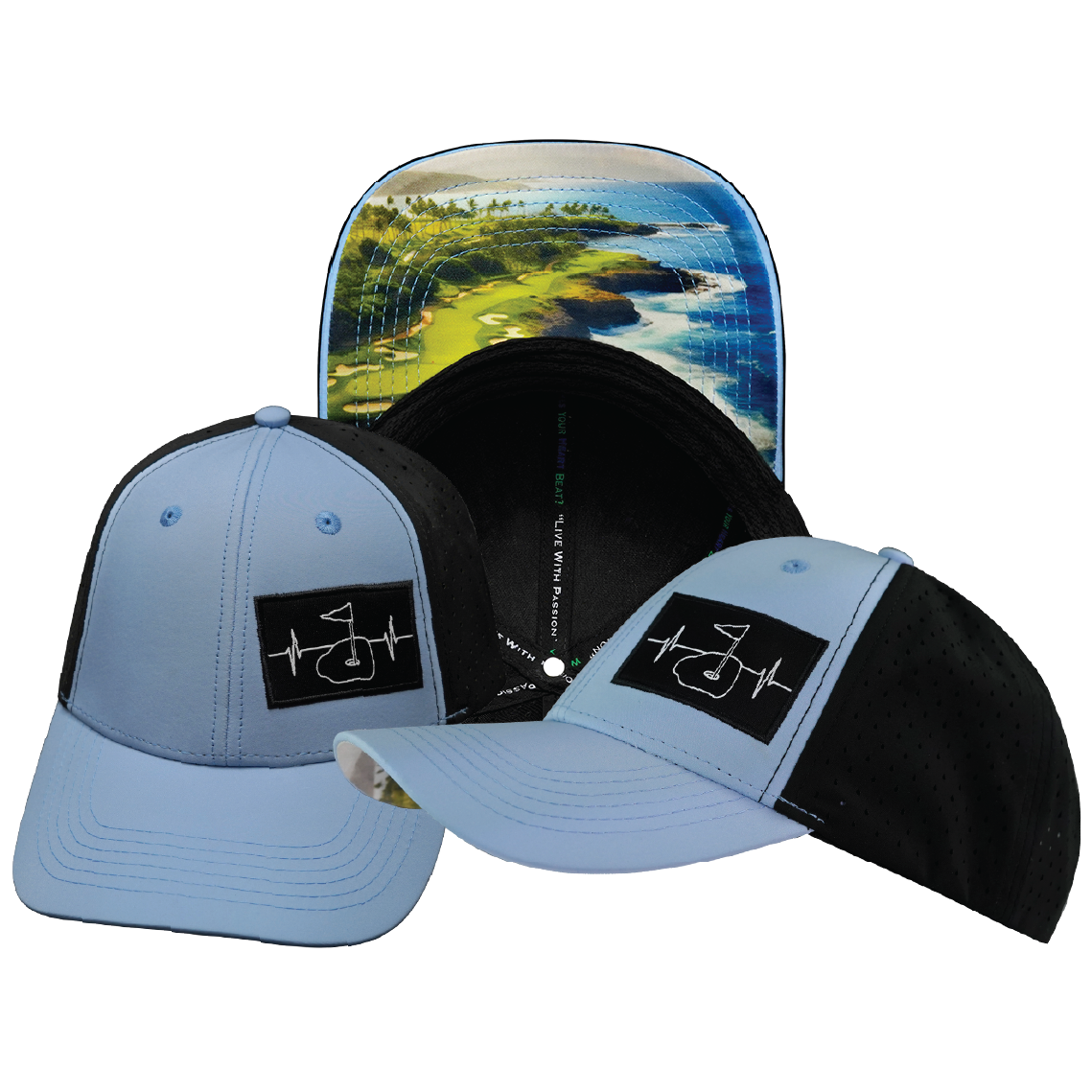 Golf - 6 Panel - Shallow Fit - Pony Tail - Baby Blue / Black - Laser Mesh (Unisex)