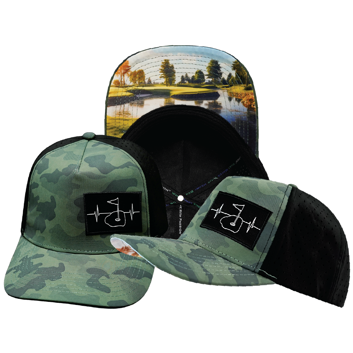 Golf - 5 Panel - Structured - Soft Teal Camo / Black - Laser Mesh (Unisex)
