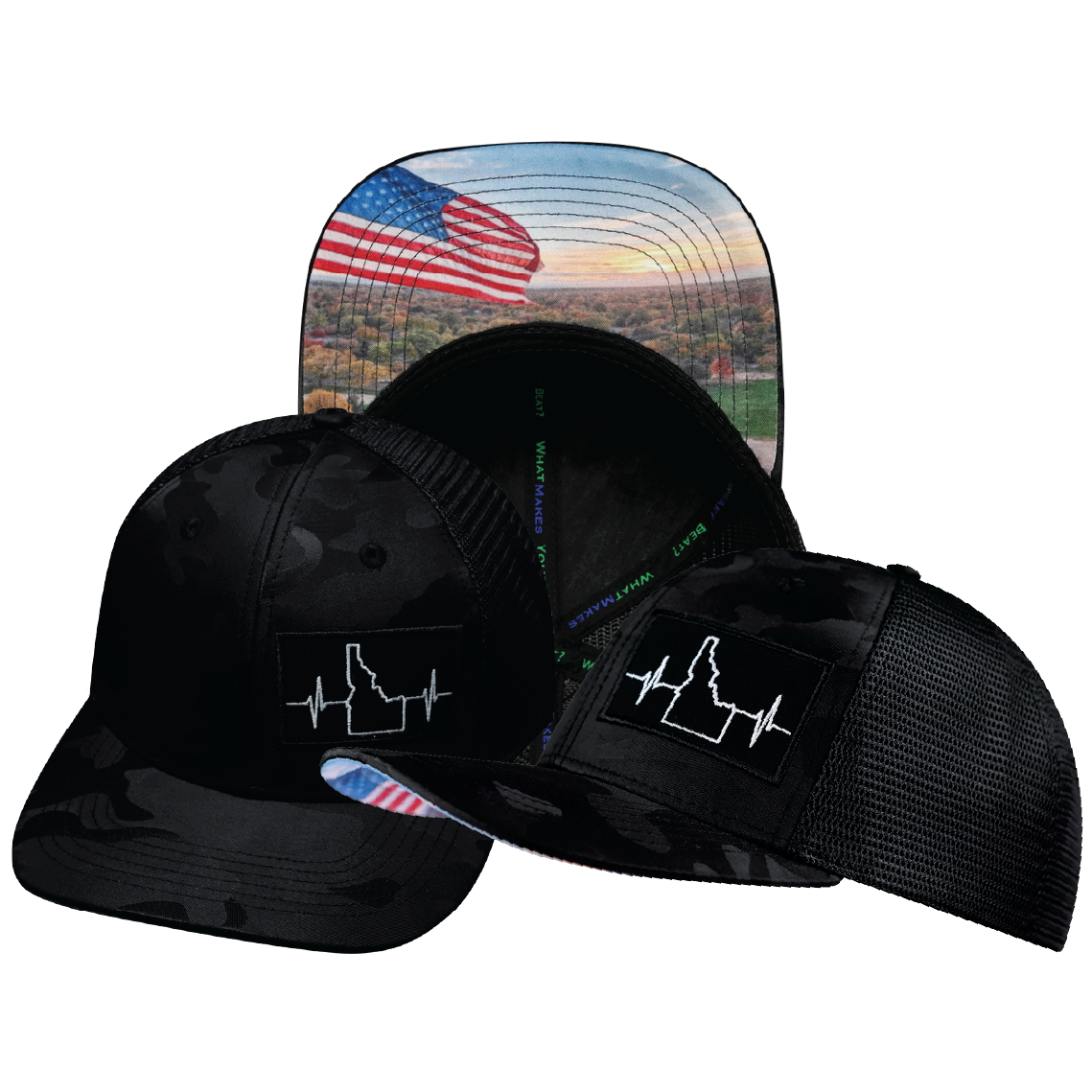 Idaho - 6 Panel - Black Camo / Black - Trucker Mesh (Unisex)