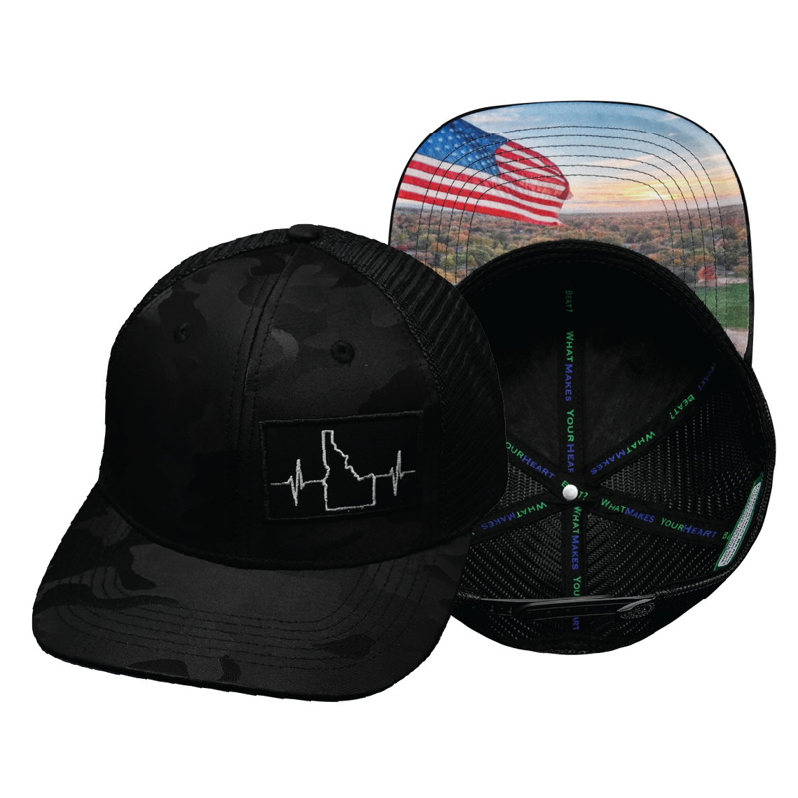 Idaho - 6 Panel - Black Camo / Black - Trucker Mesh (Unisex)
