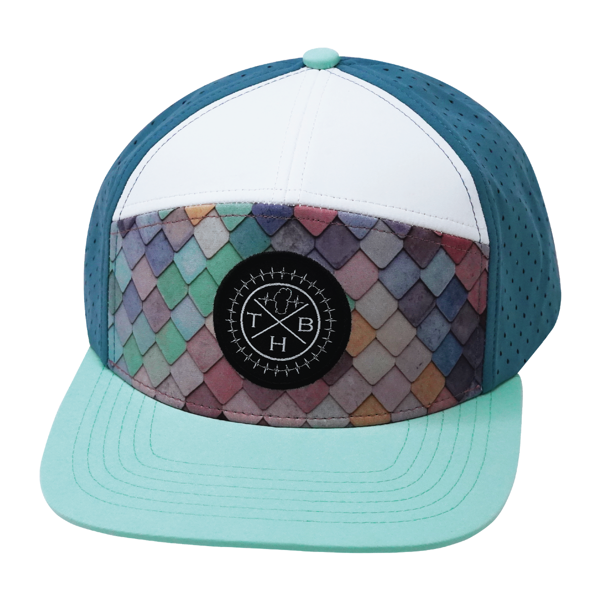 THB - 7 Panel - Mosaic Scales - Mint / White / Slate Blue - Laser Mesh (Unisex)