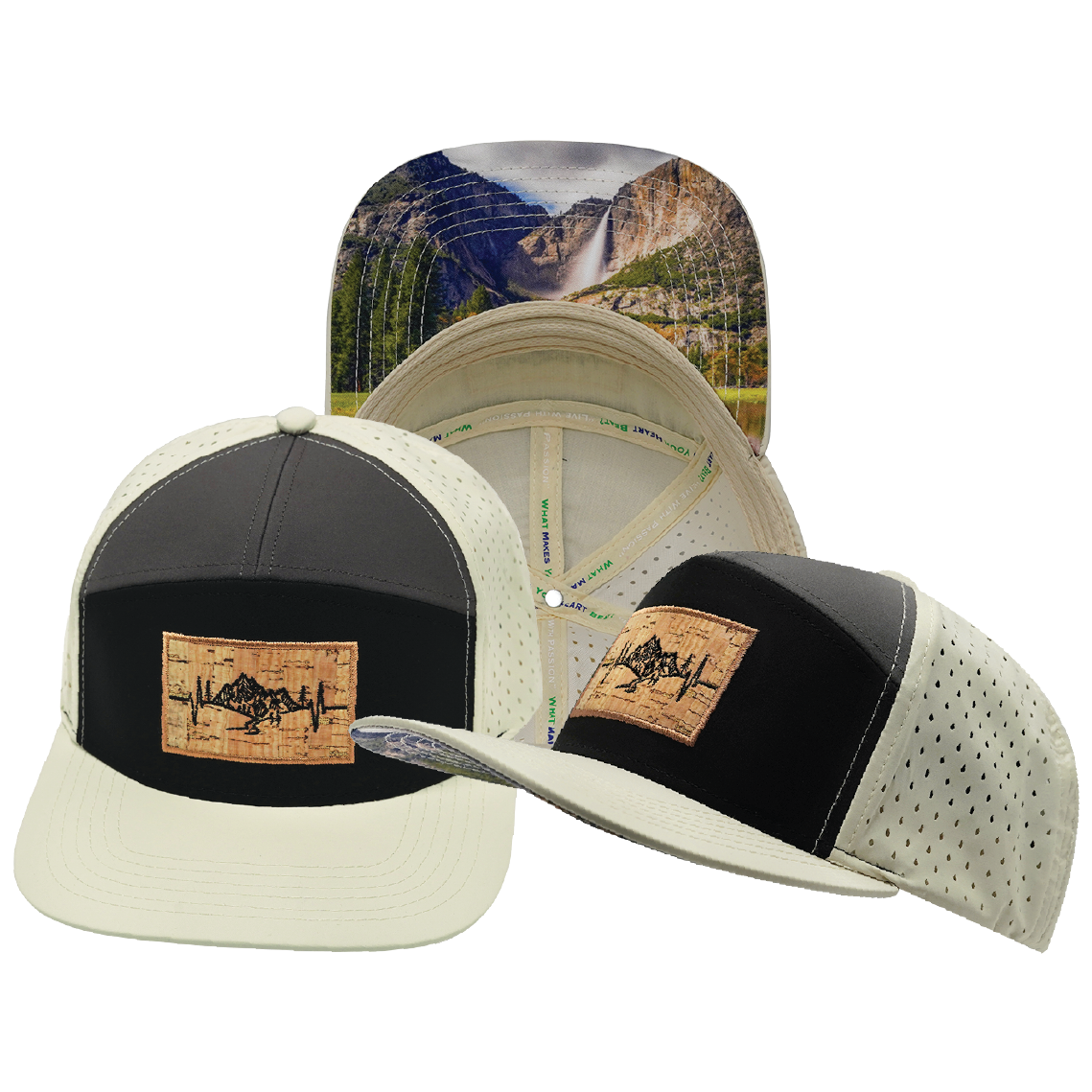 Mountains - 7 Panel - Cream / Black / Charcoal - Laser Mesh (Unisex)