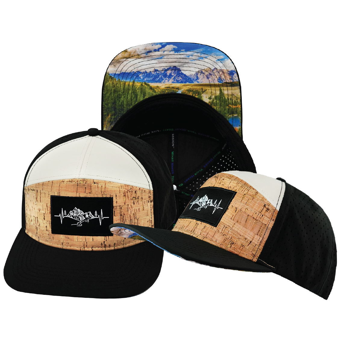 Mountains - 7 Panel - Cork - Black / Cream - Laser Mesh (Unisex)