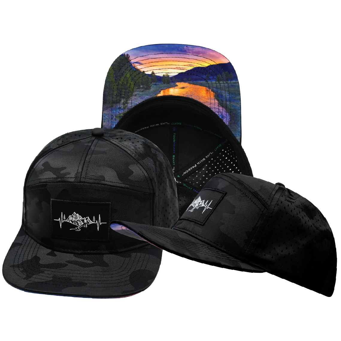 Mountains - 7 Panel - Black Camo - Laser Mesh (Unisex)