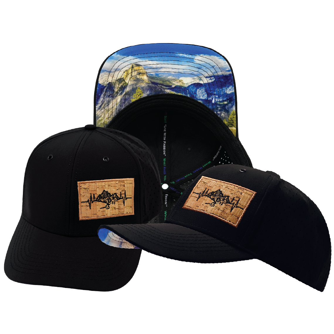 Mountains - 6 Panel - Black - Laser Mesh (Unisex)