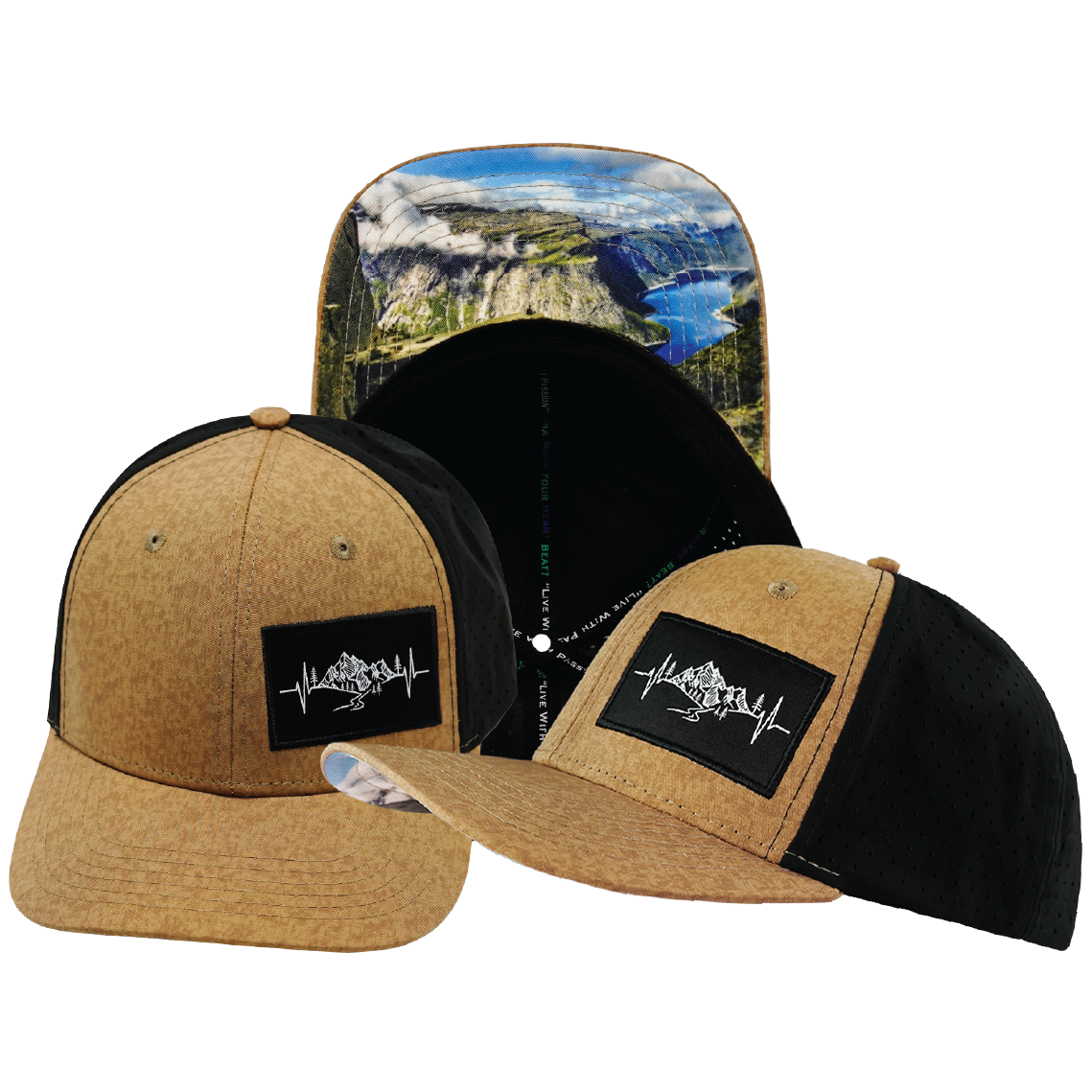 Mountains - 6 Panel - Tan Textured / Black - Laser Mesh (Unisex)