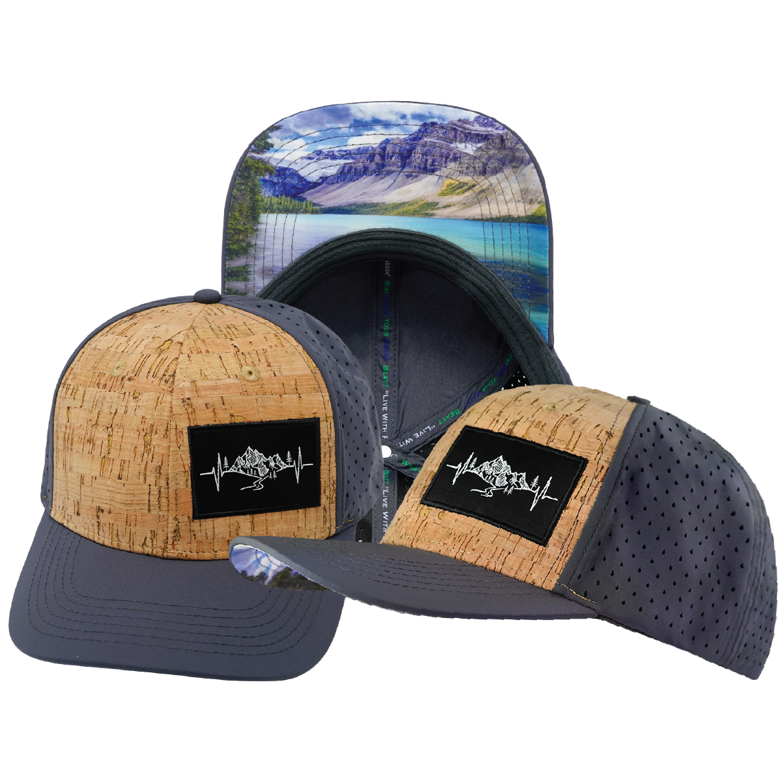Mountains - 6 Panel - Cork - Charcoal - Laser Mesh (Unisex)