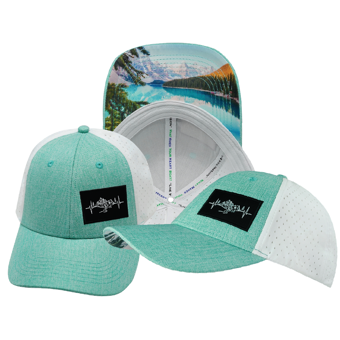 Mountains - 6 Panel - Shallow Fit - Pony Tail - Teal / White - Laser Mesh (Unisex)