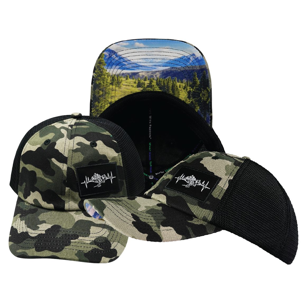 Mountains - 6 Panel - Unstructured - Camo / Black - Soft Trucker Mesh (Unisex)