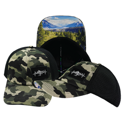 Mountains - 6 Panel - Unstructured - Camo / Black - Soft Trucker Mesh (Unisex)
