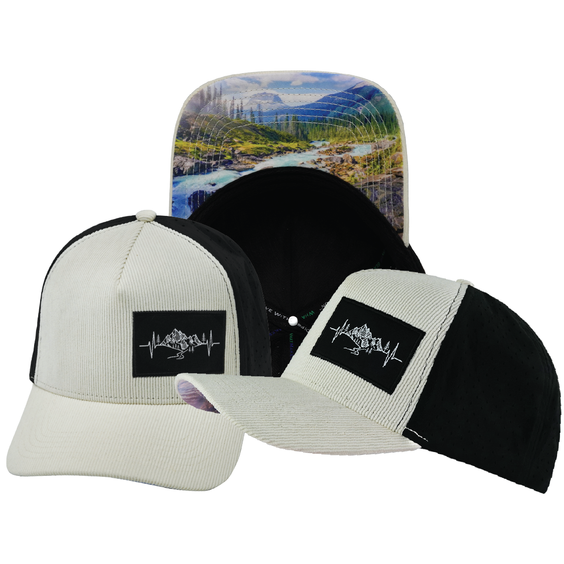 Mountains - 5 Panel - Structured - Corduroy - Cream / Black - Laser Mesh (Unisex)