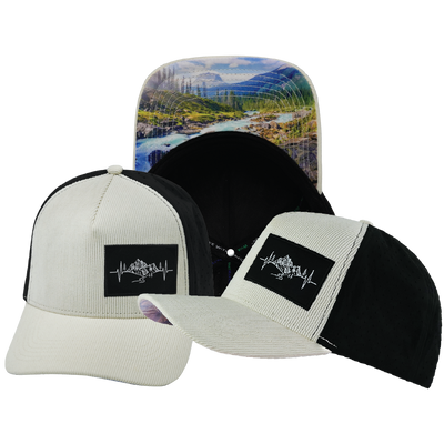 Mountains - 5 Panel - Structured - Corduroy - Cream / Black - Laser Mesh (Unisex)