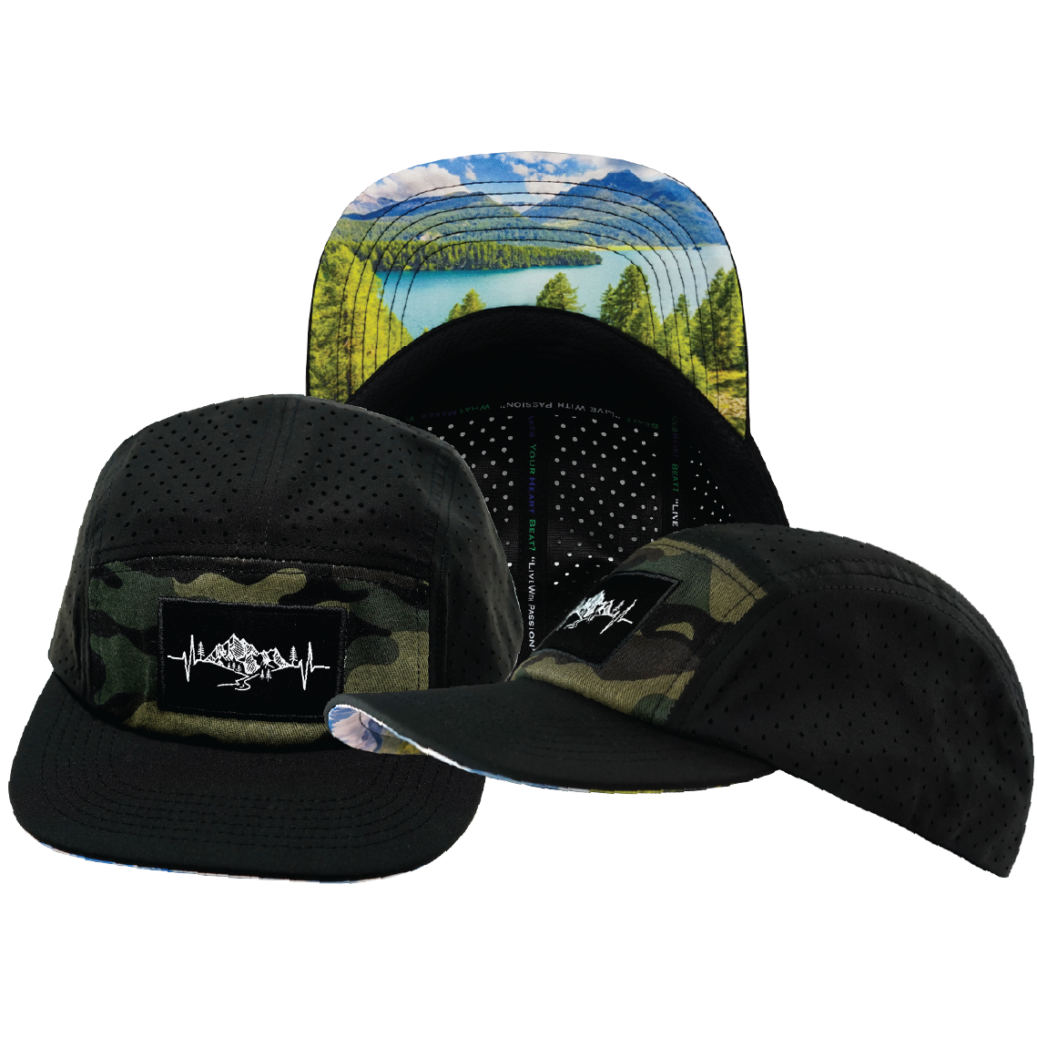 Mountains - 5 Panel - Sporty - Unstructured - Black / Green Camo - Laser Mesh (Unisex)