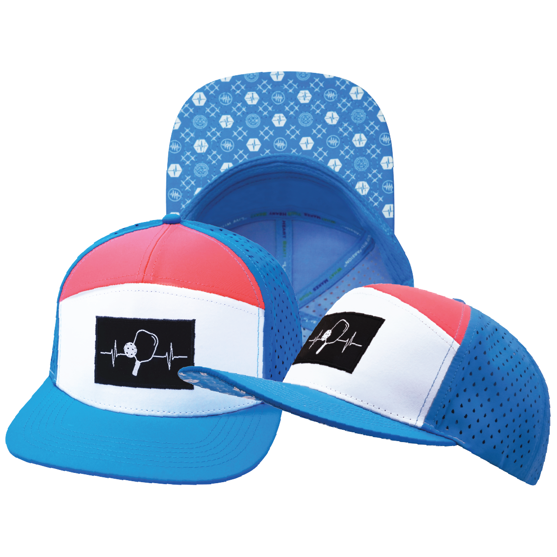 Pickleball - 7 Panel - Neon Blue / White / Neon Peach - Laser Mesh (Unisex)