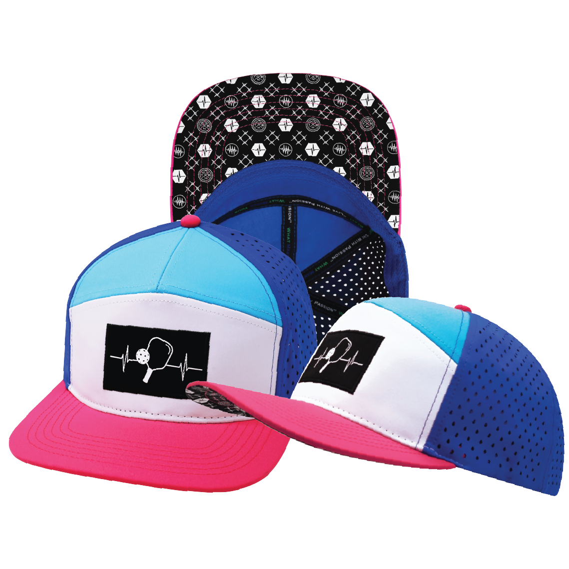 Pickleball - 7 Panel - Neon Pink / White / Neon Blue Green / Blue - Laser Mesh (Unisex)