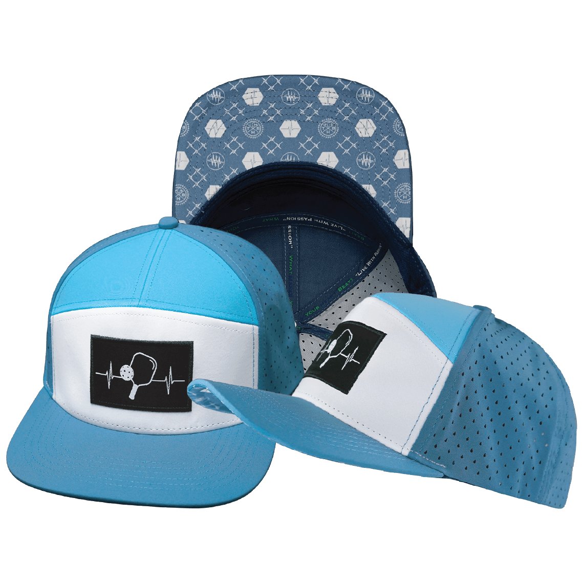 Pickleball Hat — Flat Bill, Light Blue / White / Aqua, Laser Mesh