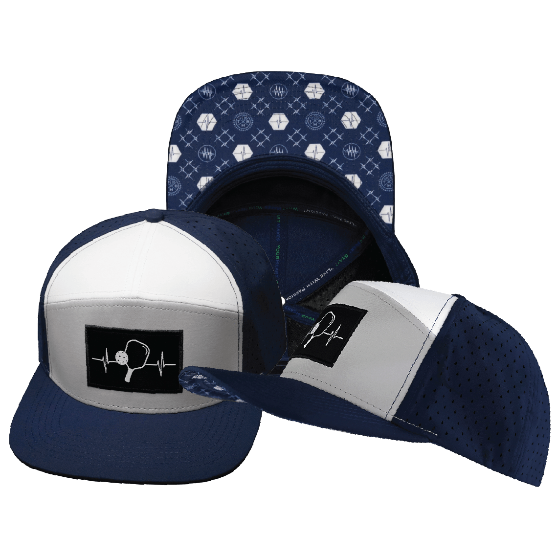 Pickleball Hat — Flat Bill, Navy / Gray / White, Laser Mesh