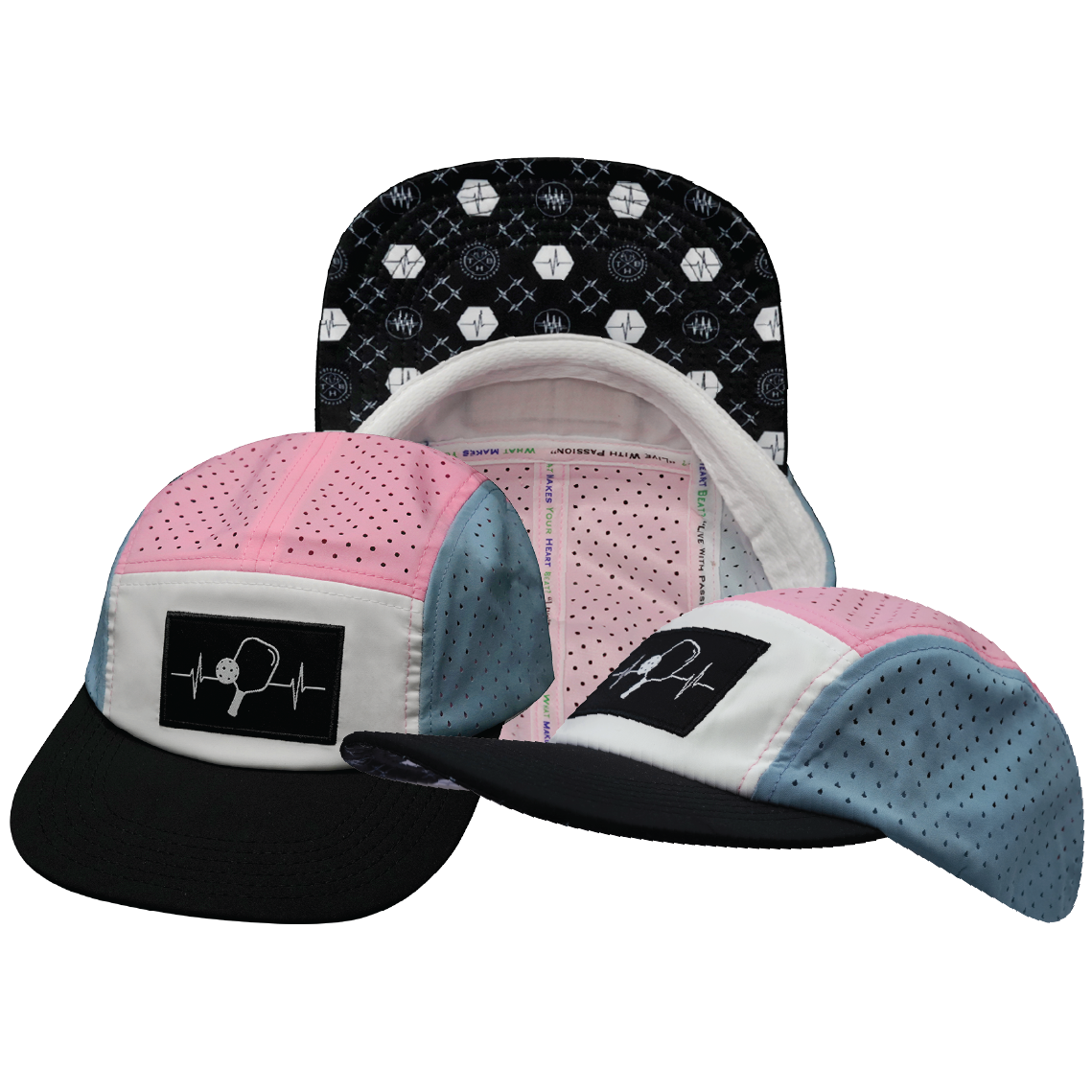 Pickleball - 5 Panel - Sporty - Unstructured - Black / White / Light Blue / Pink - Laser Mesh (Unisex)