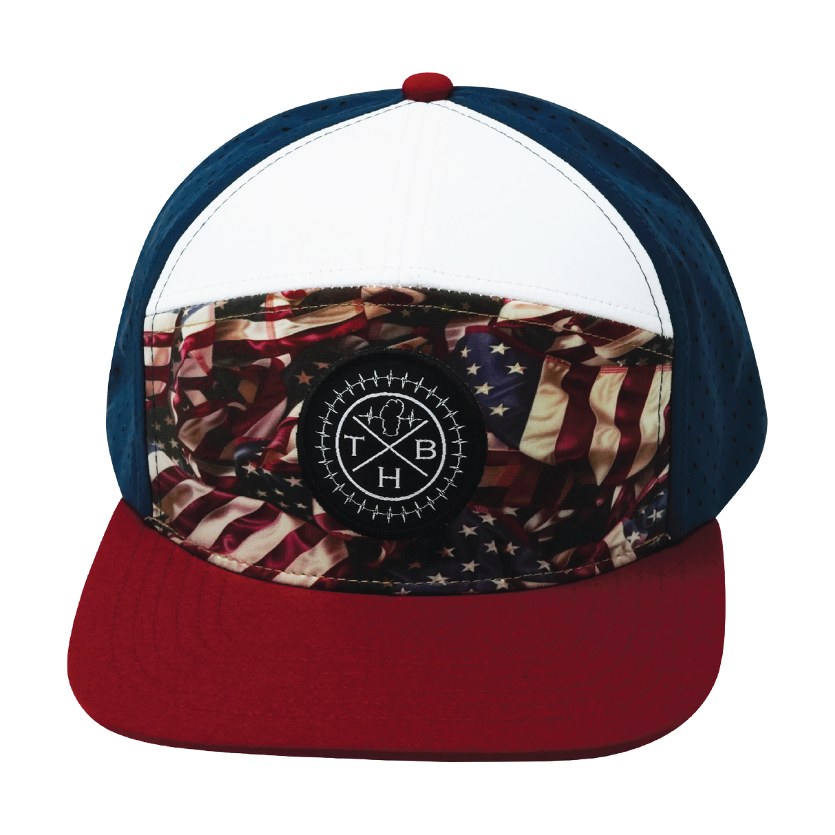 THB - 7 Panel - Silk Flag - Dark Red / White / Navy - Laser Mesh (Unisex)