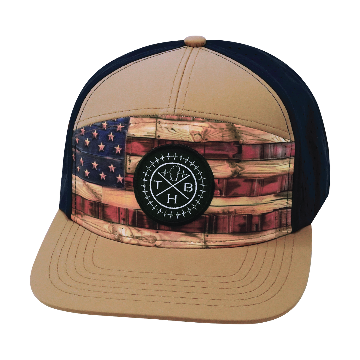 **YOUTH** THB - 7 Panel - Stained Flag - Light Tan / Navy - Laser Mesh (Unisex)