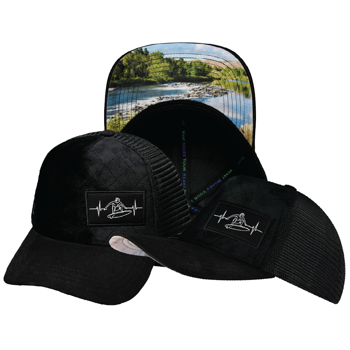 Surf - 5 Panel - Quilted - Black - Trucker Mesh (Unisex)