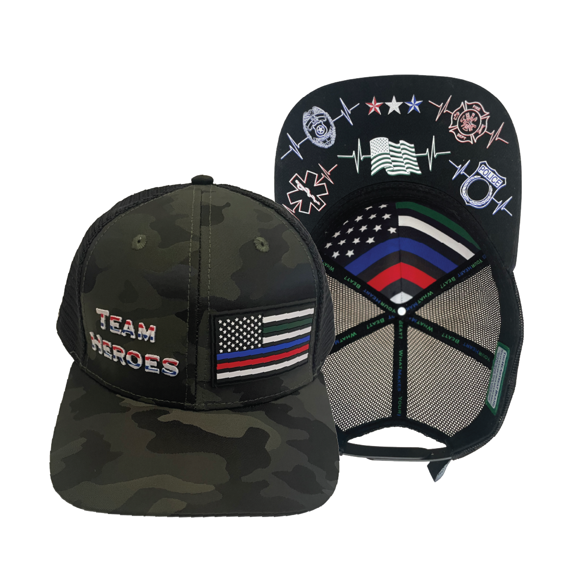 Team Heroes - 6 Panel - Green Camo / Black - Trucker Mesh (Unisex)