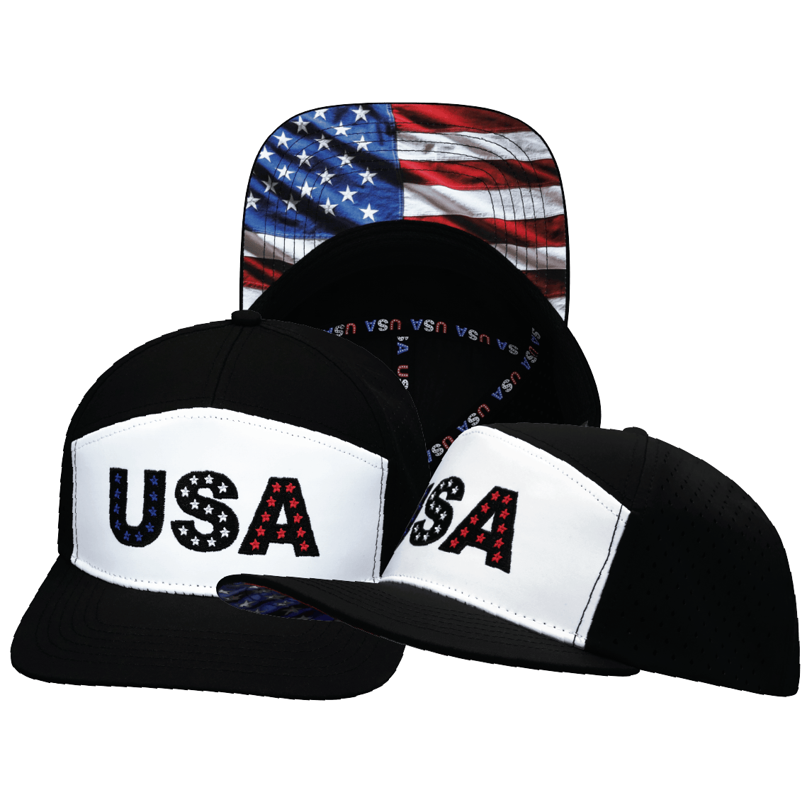 USA Hat, Flat Bill, Snapback Hat, Black, White, Mens Hat, Womens Hat, Main Picture