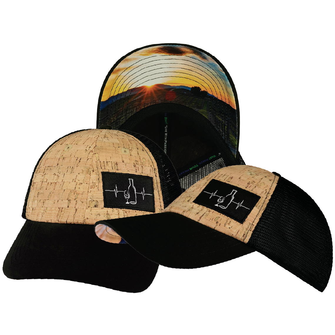 Wine - 6 Panel - Unstructured - Cork - Black Soft Trucker Mesh (Unisex)