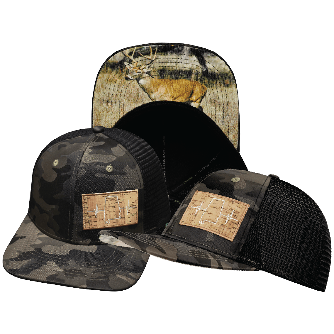 Alabama Hat — Baseball Hat Fit, Tan Camo / Black, Trucker Mesh