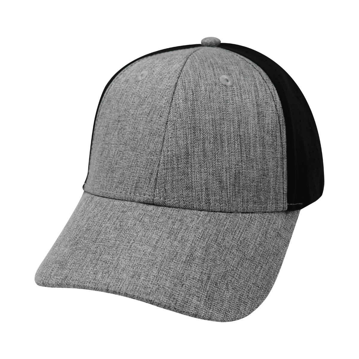 Blank 6 Panel hat — Shallow Fit, Pony Tail, Heather Gray / Black, Laser Mesh