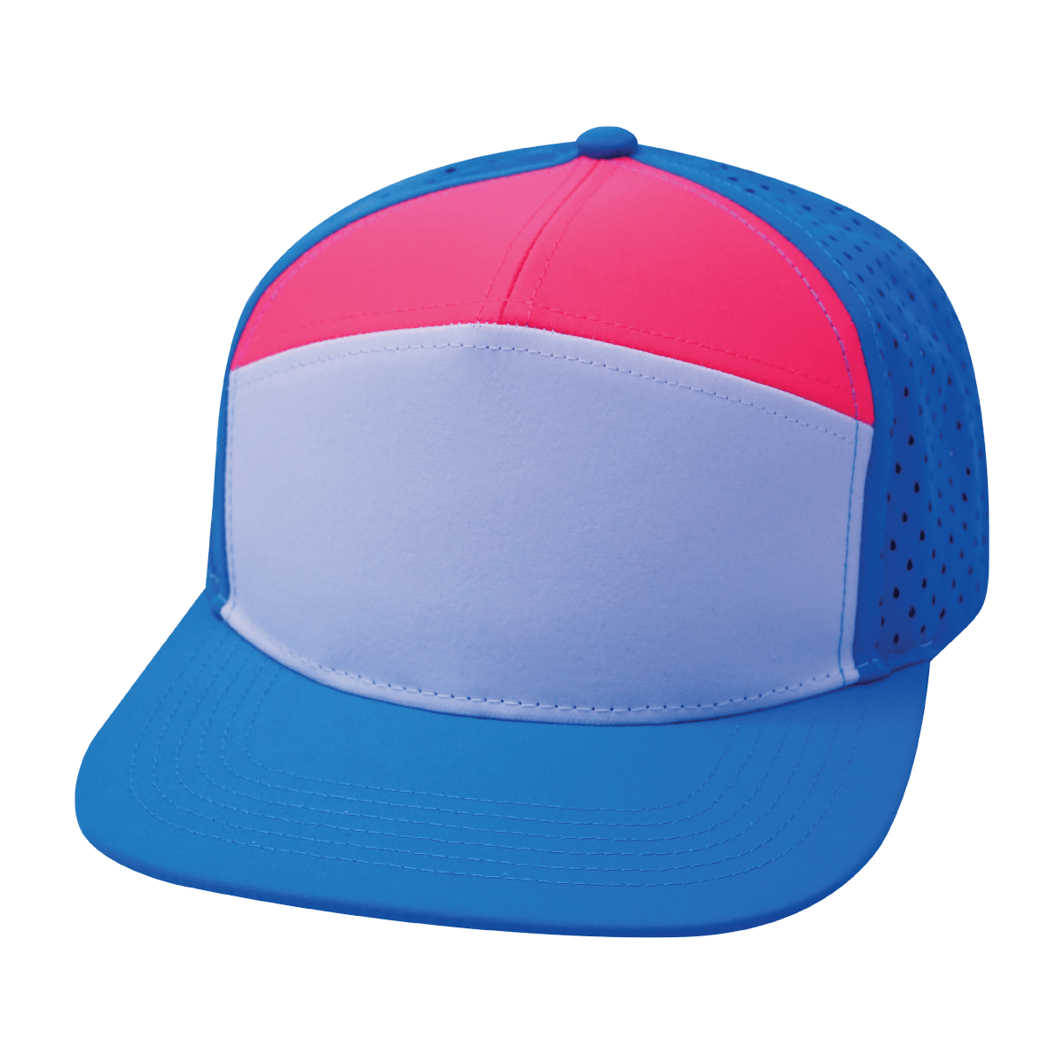 Blank 7 Panel hat — Neon Blue / White / Neon Peach, Laser Mesh