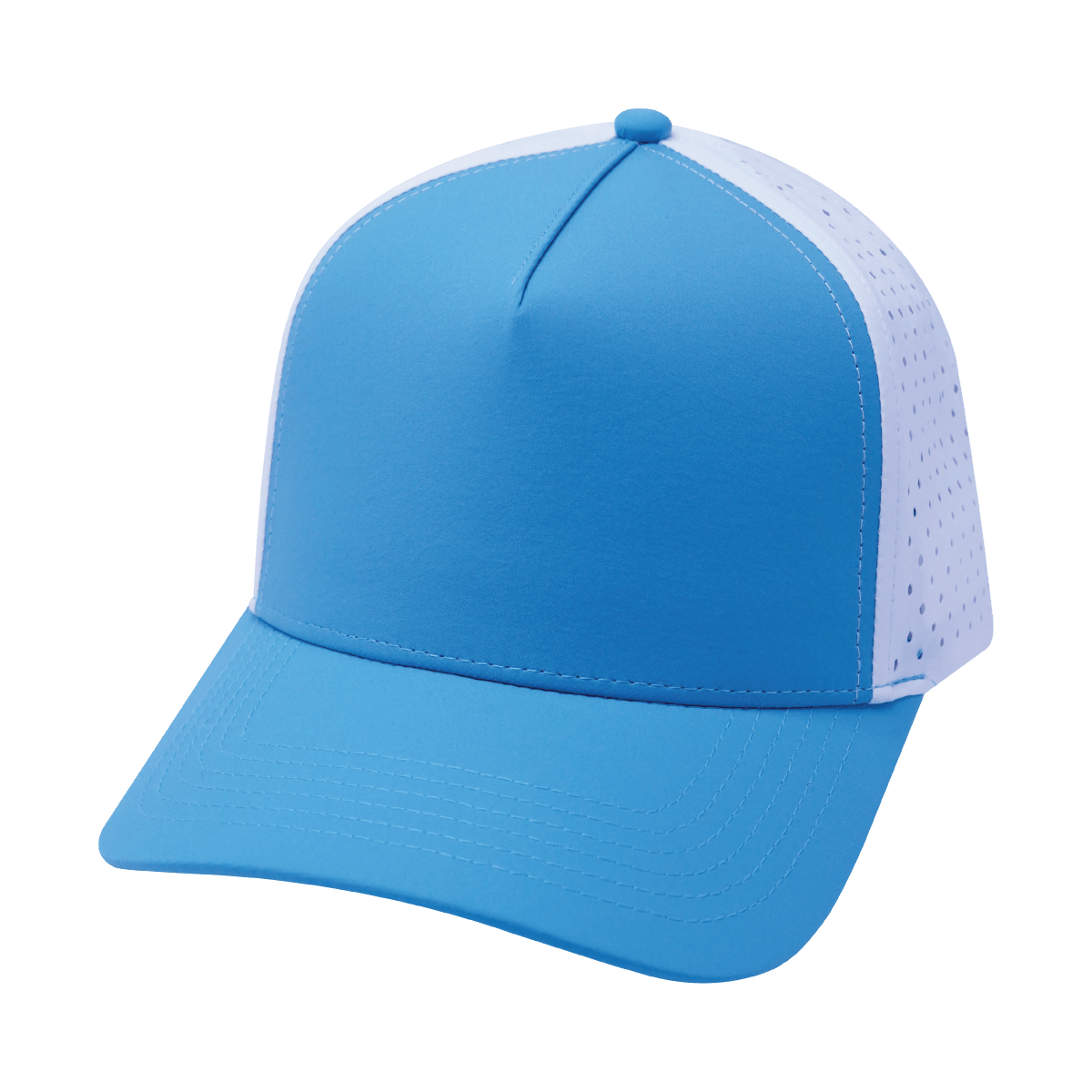 Blank 5 Panel hat — Structured, Neon Blue Green / White, Laser Mesh