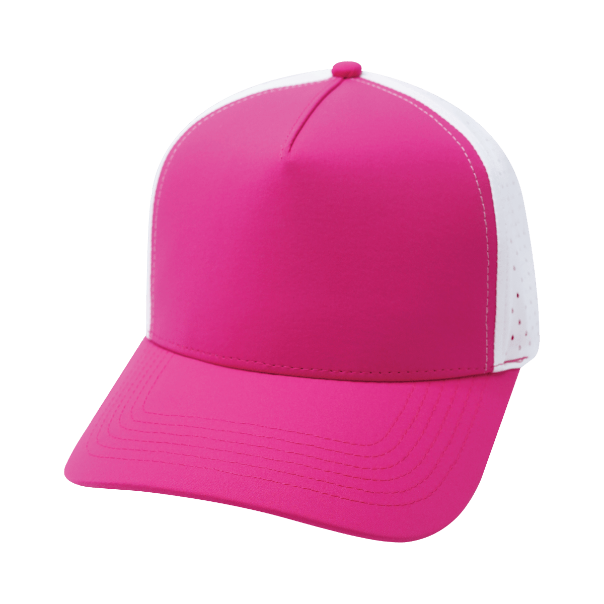 Blank 5 Panel hat — Structured, Neon Pink / White, Laser Mesh