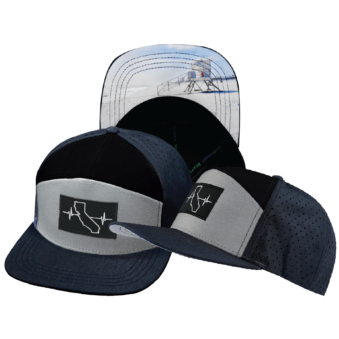 California Hat — Flat Bill, Navy / Gray / Black, Laser Mesh