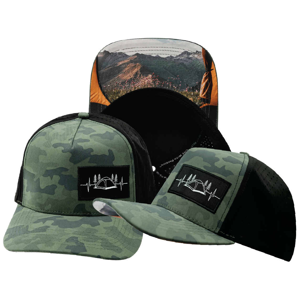 Camping Hat Trucker Hat — Soft Teal Camo / Black, Laser Mesh