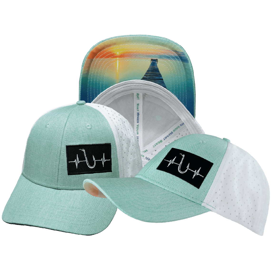 Fishing Hat — Low Profile, Ponytail, Teal / White, Laser Mesh