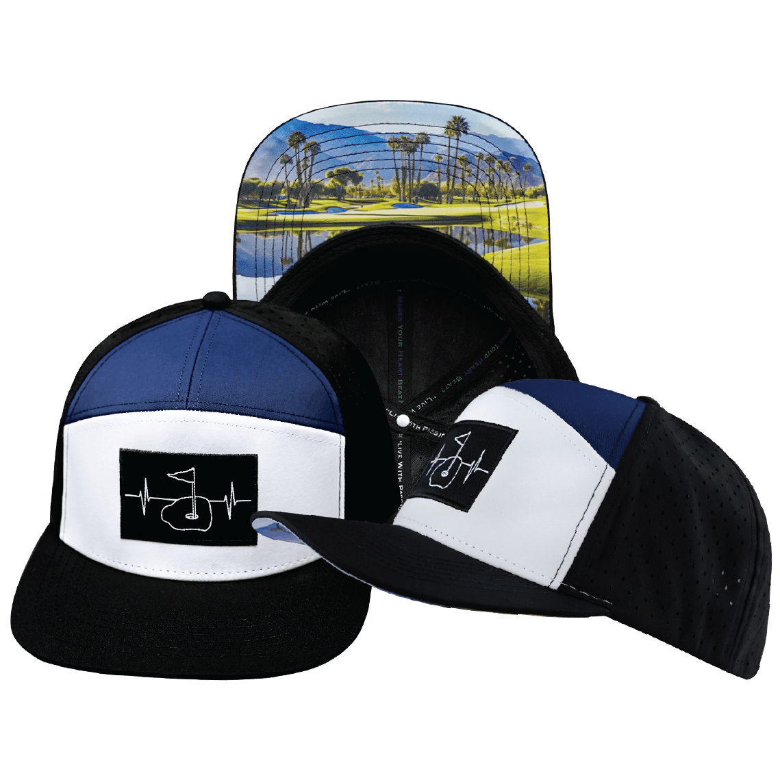 Golf Hat — Flat Bill, Black / White / Navy, Laser Mesh