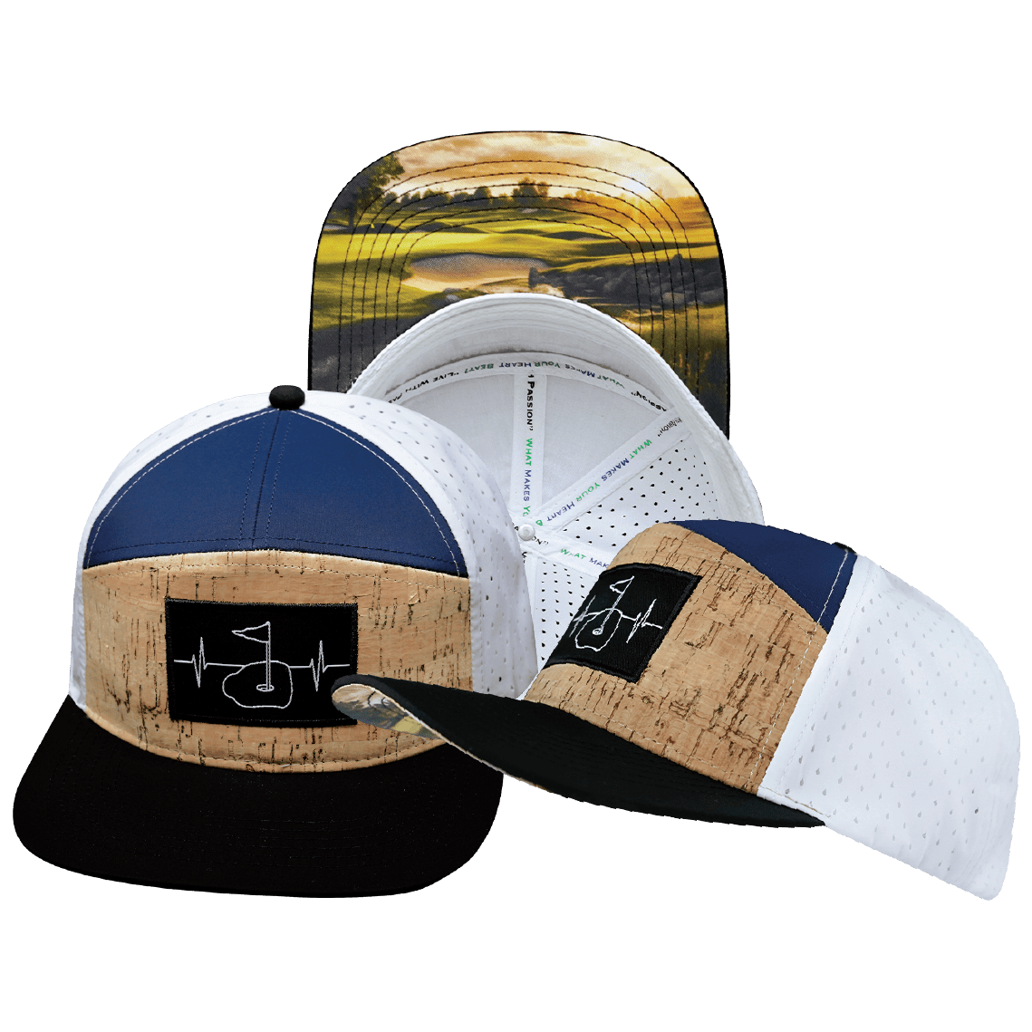 Golf Hat — Flat Bill, Cork, Black / Navy / White, Laser Mesh