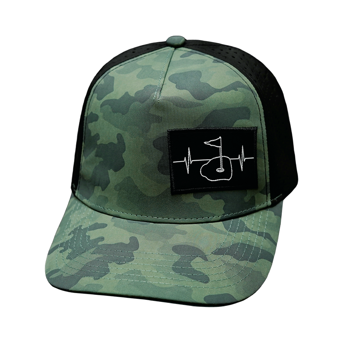 Golf Hat, Trucker Hat, Snapback Hat, Teal Camo, Black, Mens Hat, Womens Hat, Front Picture