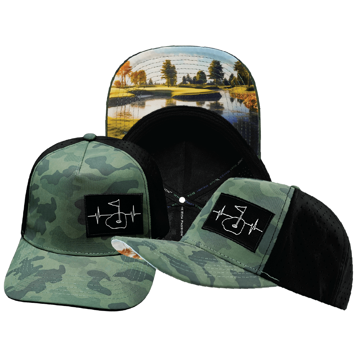 Golf Hat Trucker Hat — Soft Teal Camo / Black, Laser Mesh