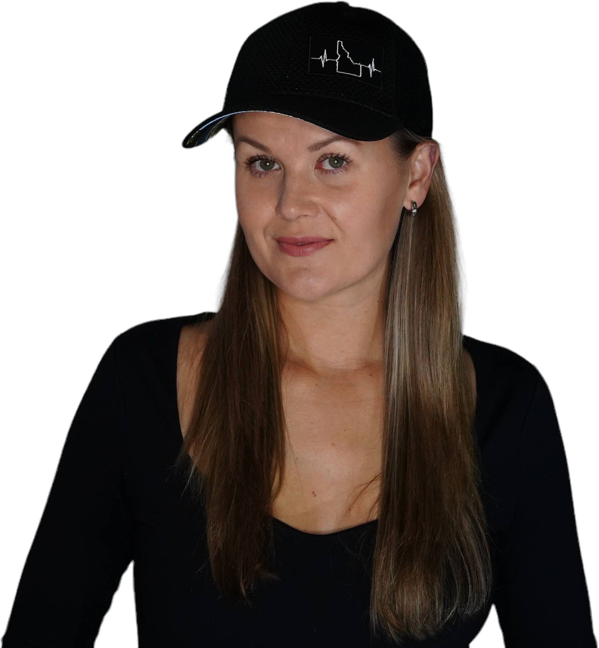 Idaho Hat, Athletiic Fit, Airmesh, Snapback Hat, Black, Mens Hat, Womens Hat, Woman In Hat Picture