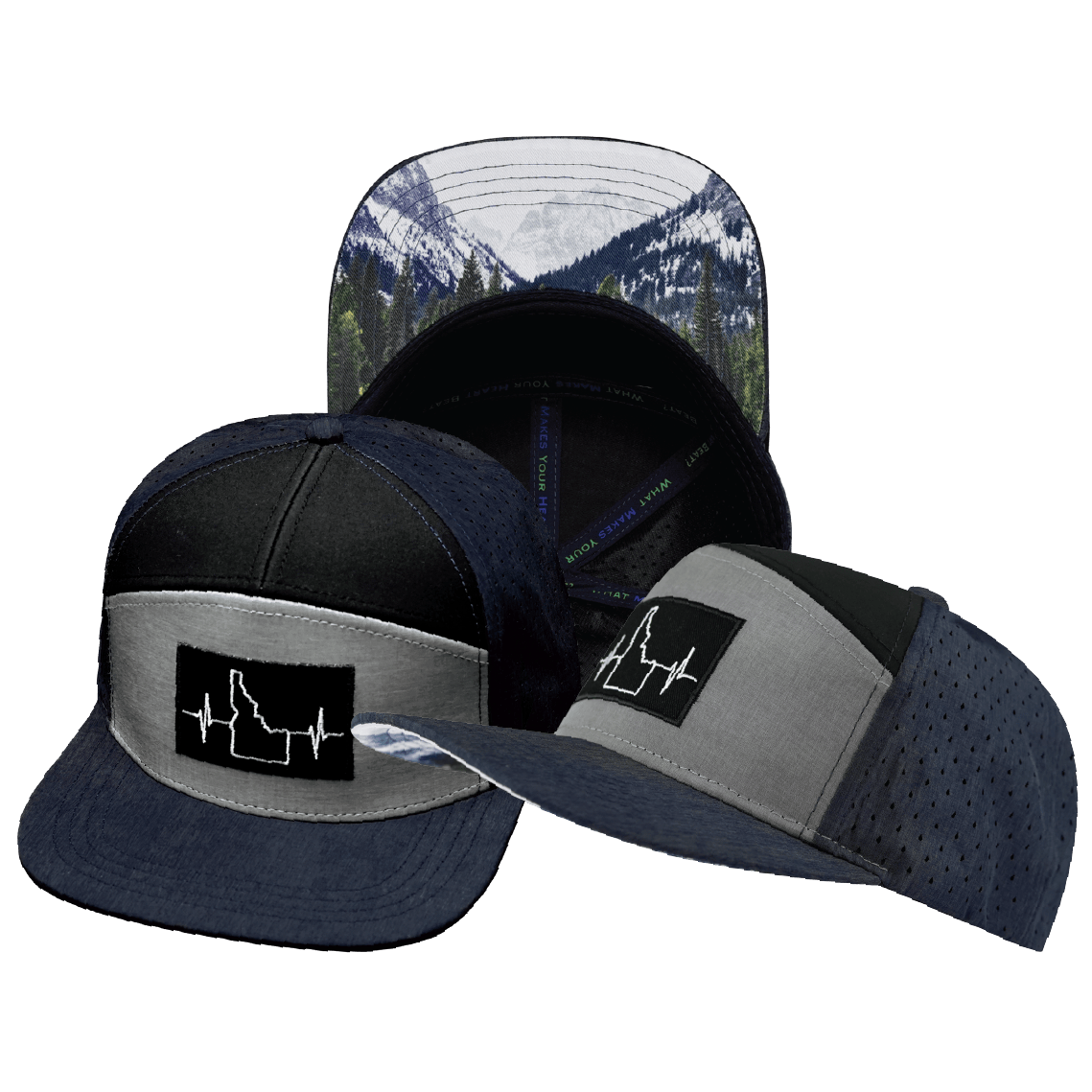 Idaho Hat — Flat Bill, Navy / Gray / Black, Laser Mesh